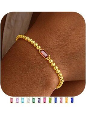 Women's Red Birthstone Bracelet 14K Gold Plated Beaded Elastic Dainty Jewelry